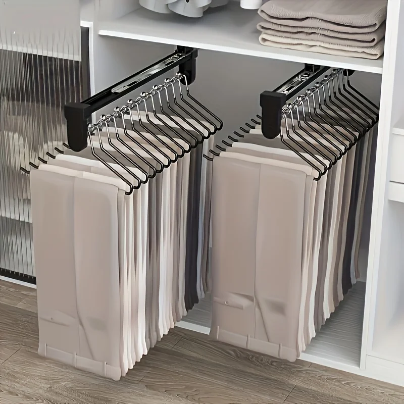 Pull Out Clothes Storage Rod, Adjustable Foldable Hanging Rail, Space Saving Organizer for Wardrobes, Metal Drying Racks