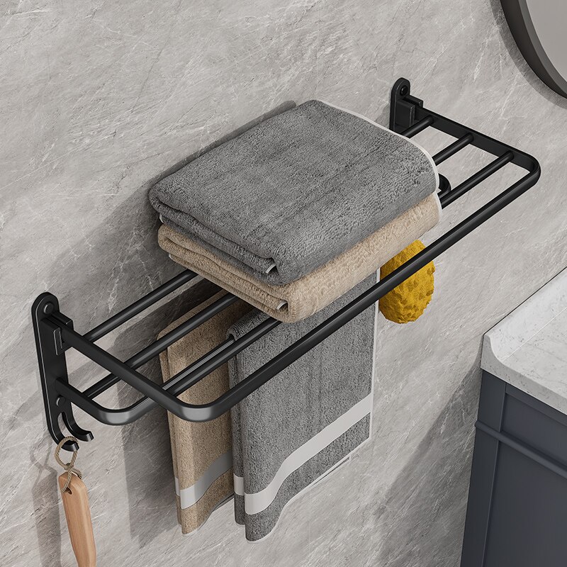 Matte Black Wall Mount Folding Towel Holder with Hook Durable Aluminum Towel Rack