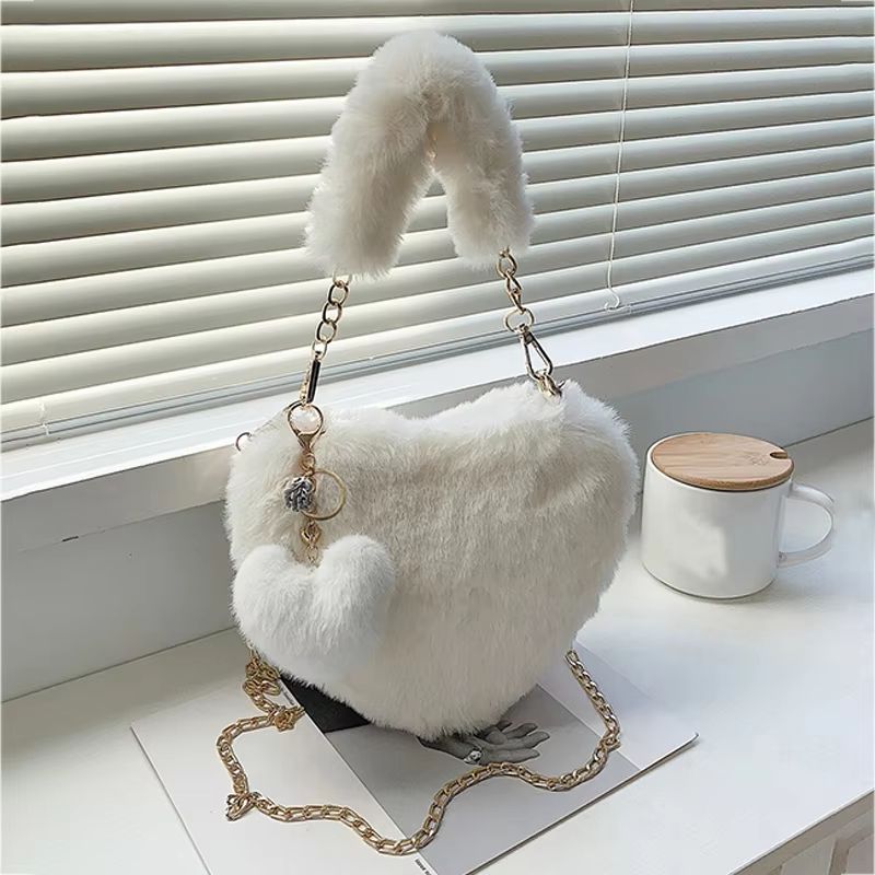 Faux Fur Heart Bag Small Chain Shoulder Purse, Plush Crossbody Clutch