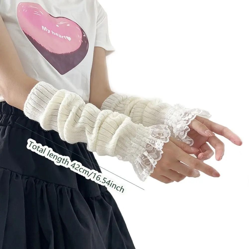 Elegant Lace-Trimmed Knitted Arm Warmers - Lolita & Harajuku Style