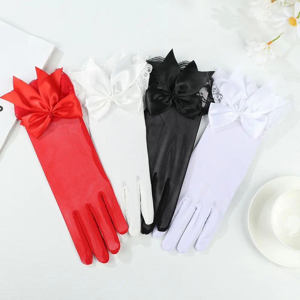 Elegant bridal gloves for brides White Satin wedding gloves with Lace Cuffs and Bow Detail