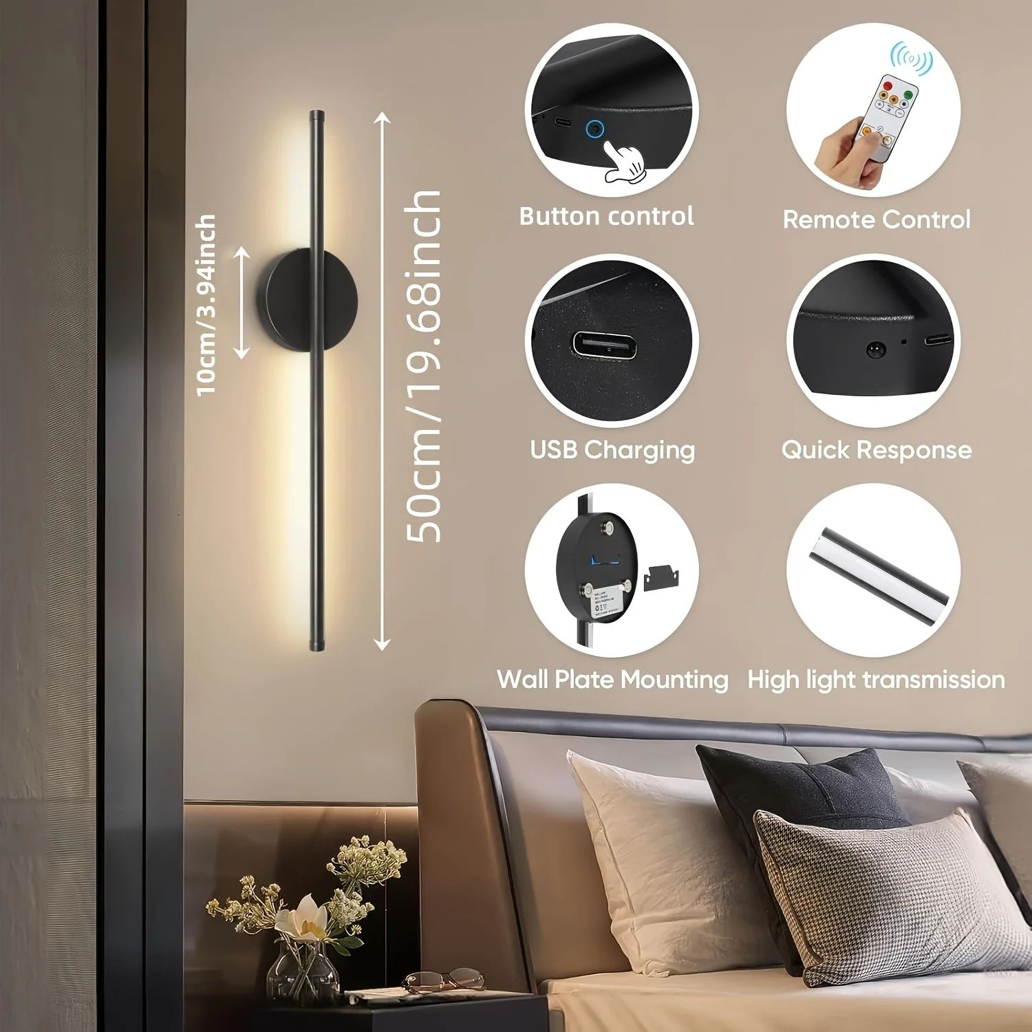 Cordless USB Rechargeable Wall Sconce with Remote - Wireless LED Wall Light for Bedroom & Living Room