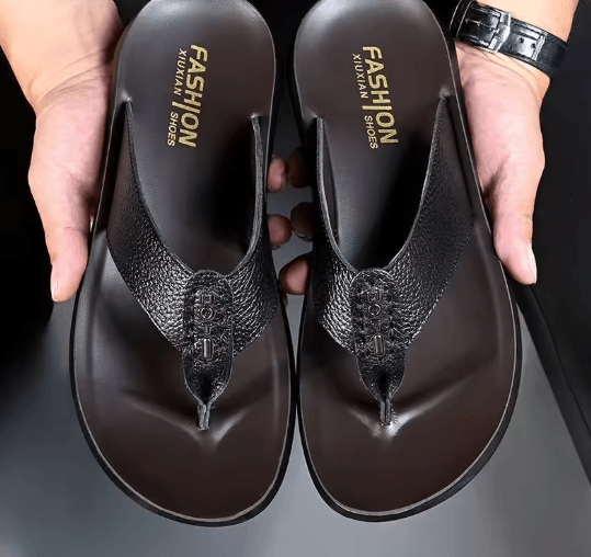 Genuine Leather Mens Flip Flops Soft Sole Summer Beach Sandals