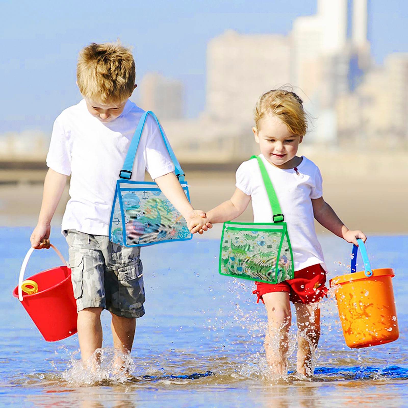 Kids Mesh Beach Bag for Shell Collecting Colorful Lightweight Beach Toy Storage Bag