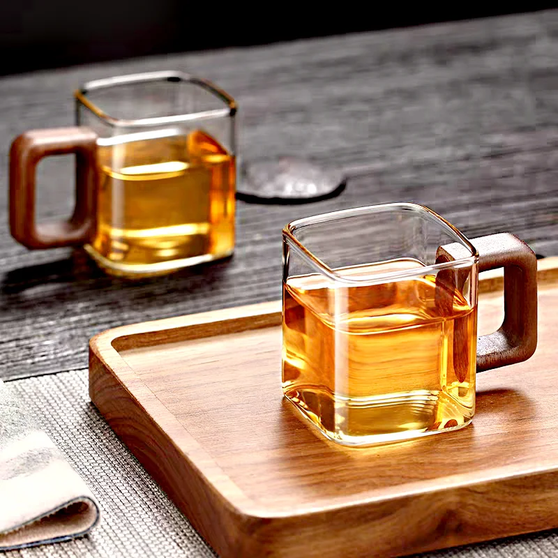 Fresh Ground Coffee Glass Mug with Walnut Wooden Handle, Small Capacity Home Breakfast Milk Tea Cups and Mugs Drinkware