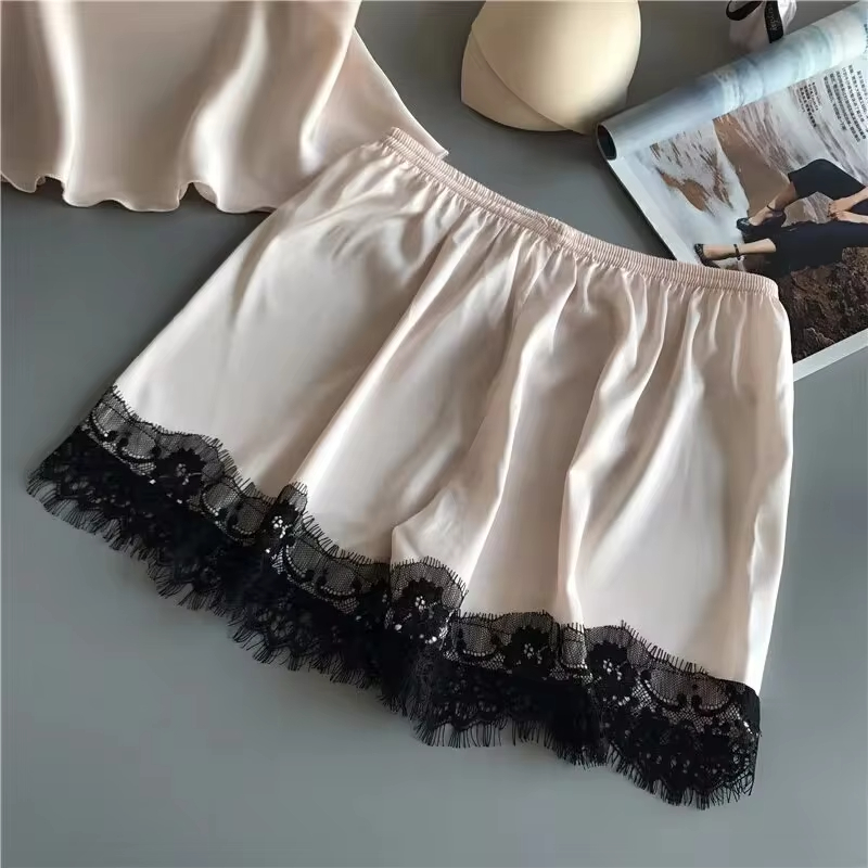 Satin Lace Babydoll Pajama Set Womens Sexy Sleepwear Shorts Set