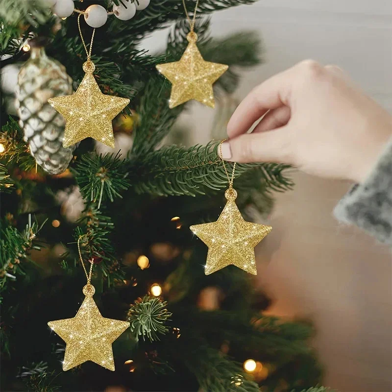 Gold Glitter Star Ornaments, Christmas Tree Hanging Pendant For Home, Navidad New Year Party Gift, Christmas Decoration
