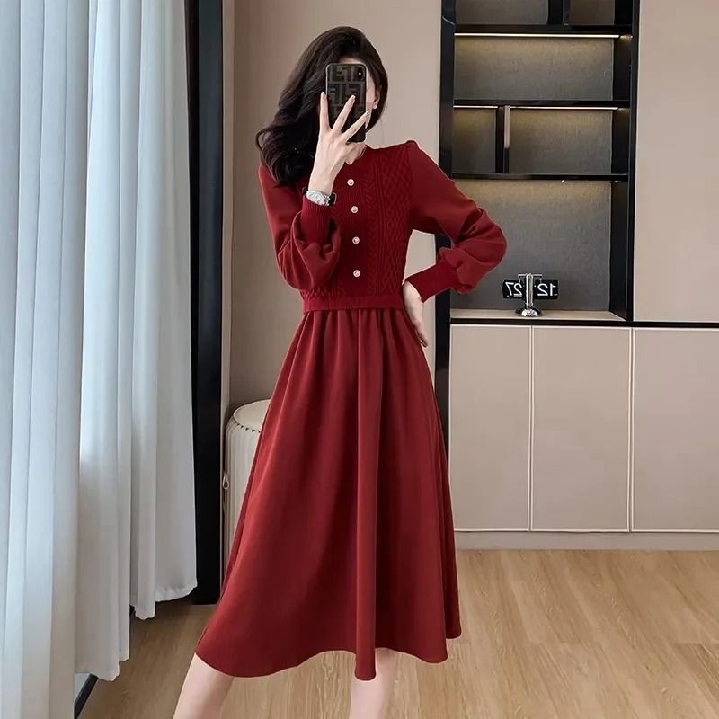 Casual O-Neck Lantern Sleeve Fake Two Piece Knitted Dress Autumn Winter Ladies Long Sweater Dress