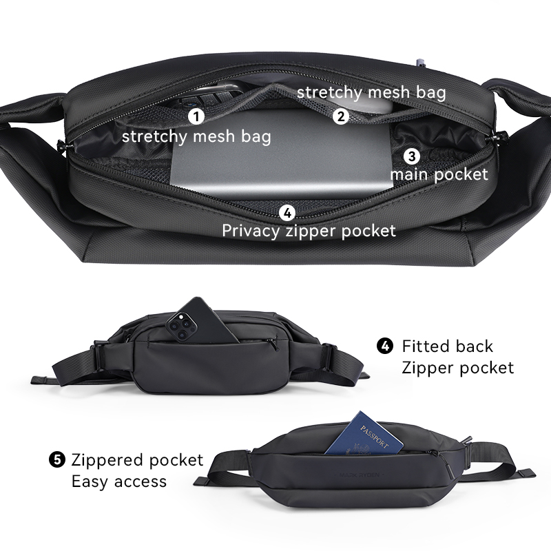 Large Capacity Waterproof Men's Crossbody Bag Zipper Black Satchel with Magnetic Buckle