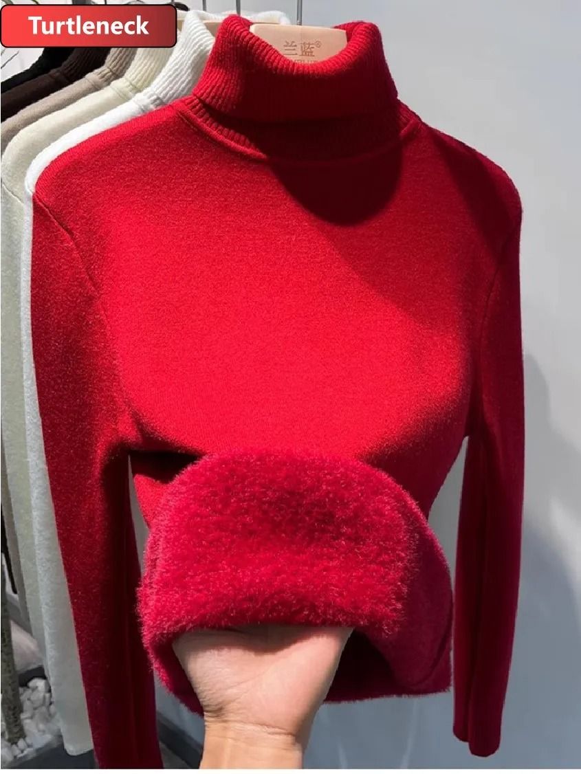 Elegant Thicken Velvet-Lined Turtleneck Sweater – Slim Knit Pullover & Warm Winter Jumper