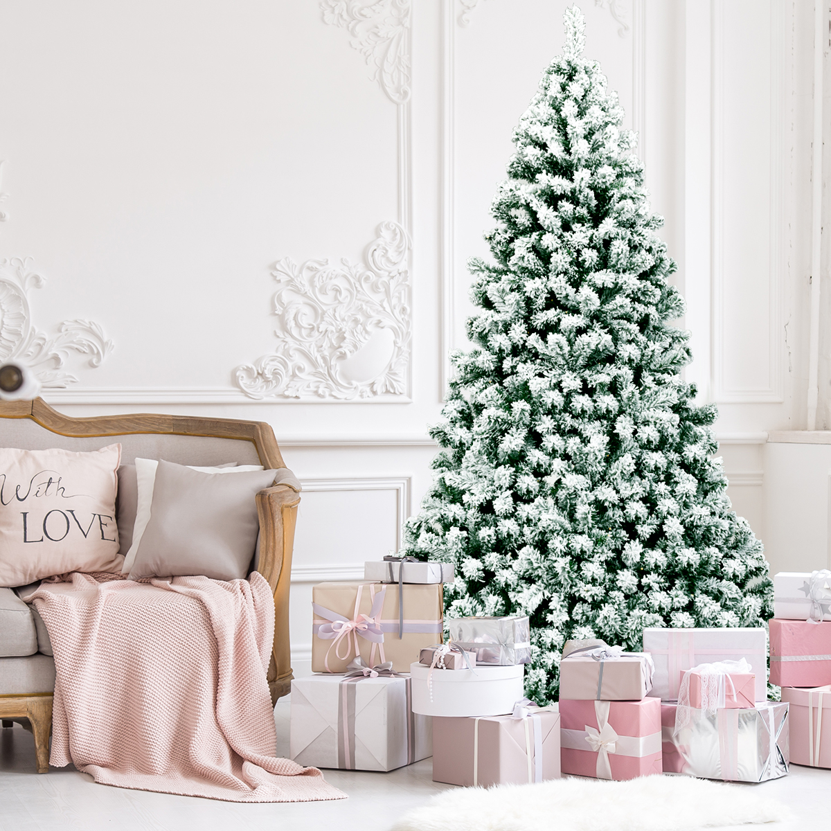 Christmas Tree, Premium Snow Flocked Hinged Design, Pre Lit Artificial Tree with Lights Holiday Style