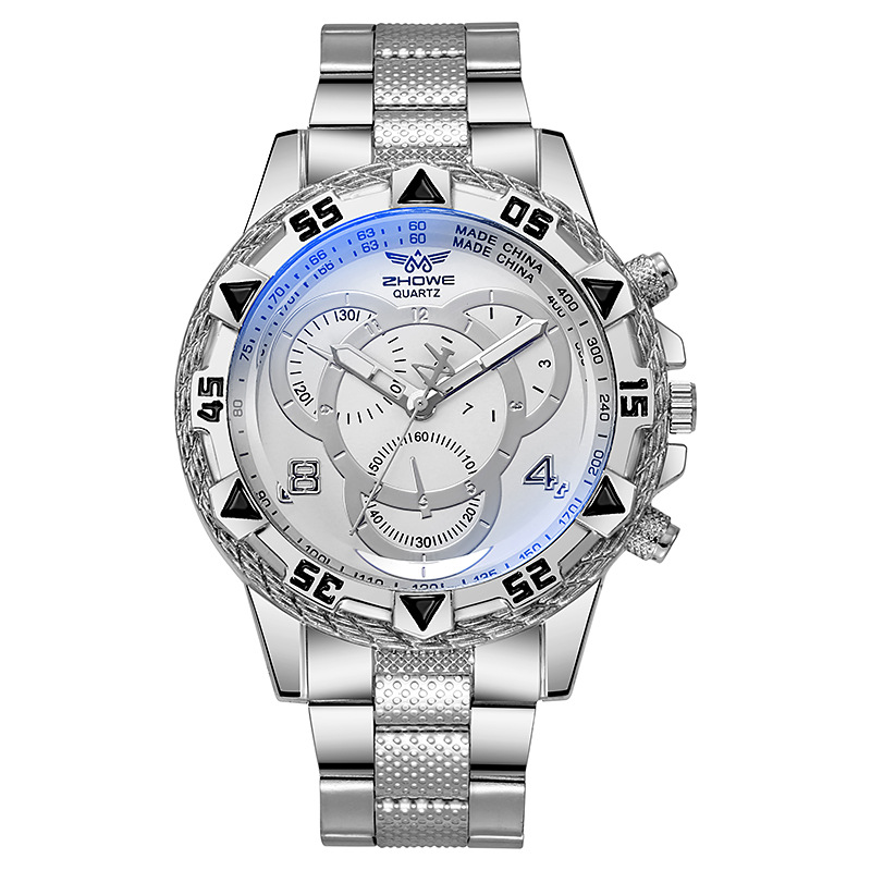 Men's Quartz Watch Classic Business Wristwatch Luxury Alloy Steel Strip Blue Light Large Dial Three Eye