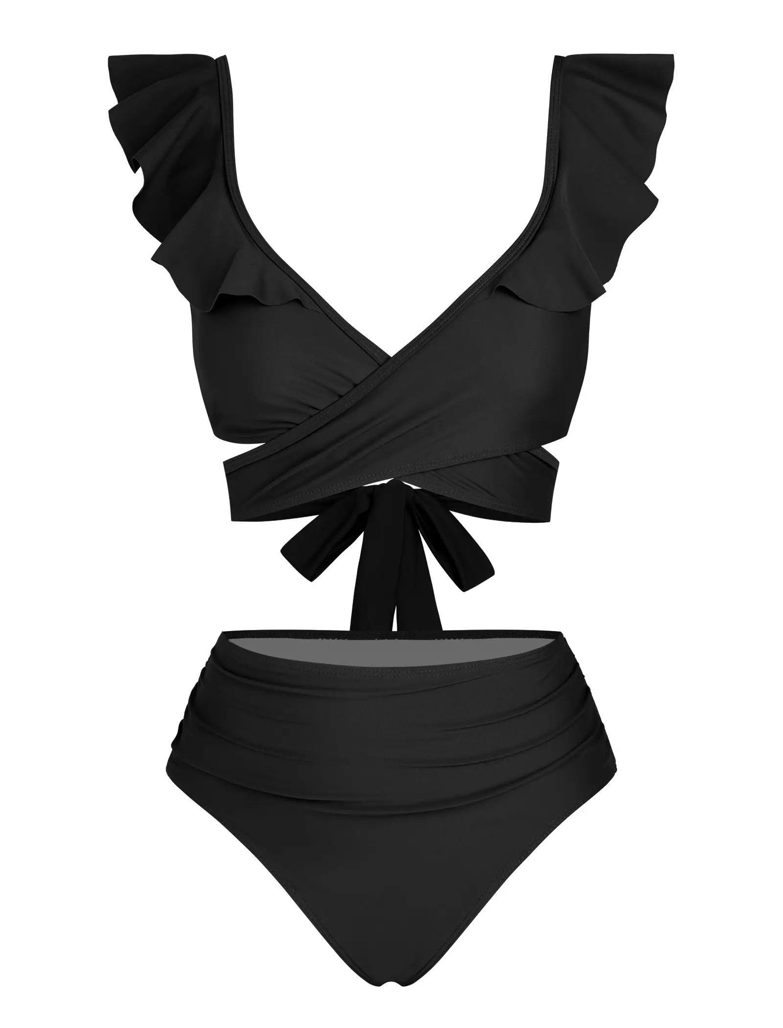 ZAFUL High Waisted Ruffle Bikini Set with Cross Cutout Ruched Design