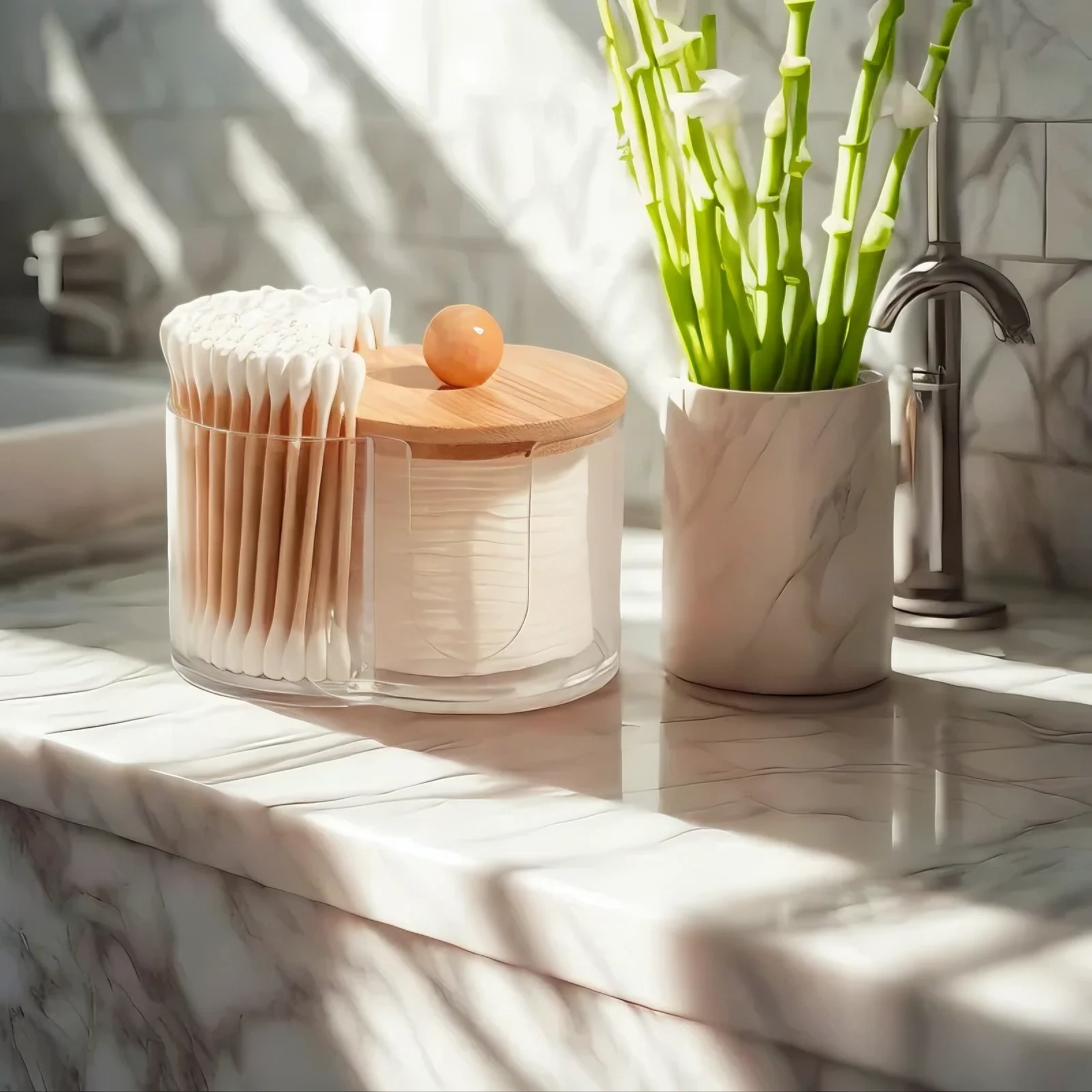 Space Saving Clear Cotton Pad Swab Organizer with Bamboo Lid Dual Compartment Storage Box for Bathroom Vanity