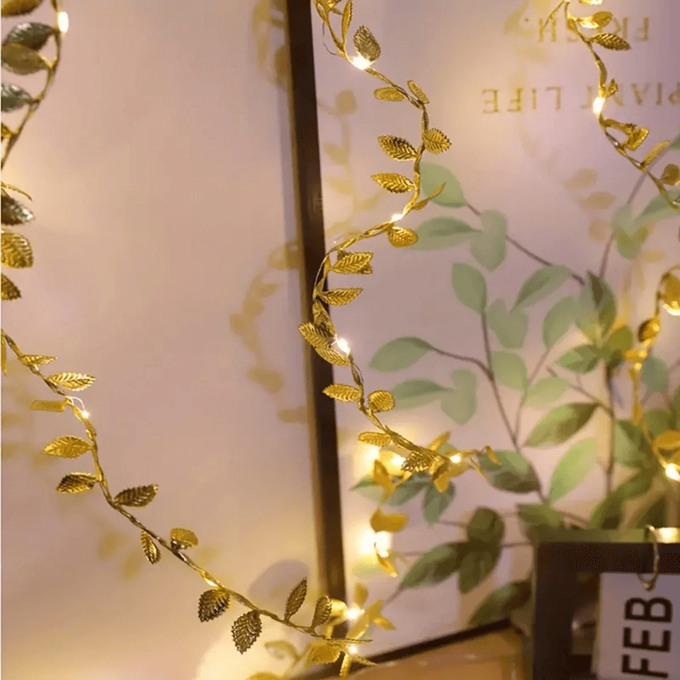 LumiLeaf Golden Tiny Leaves Fairy String Lights – Battery Powered Copper Wire Decor