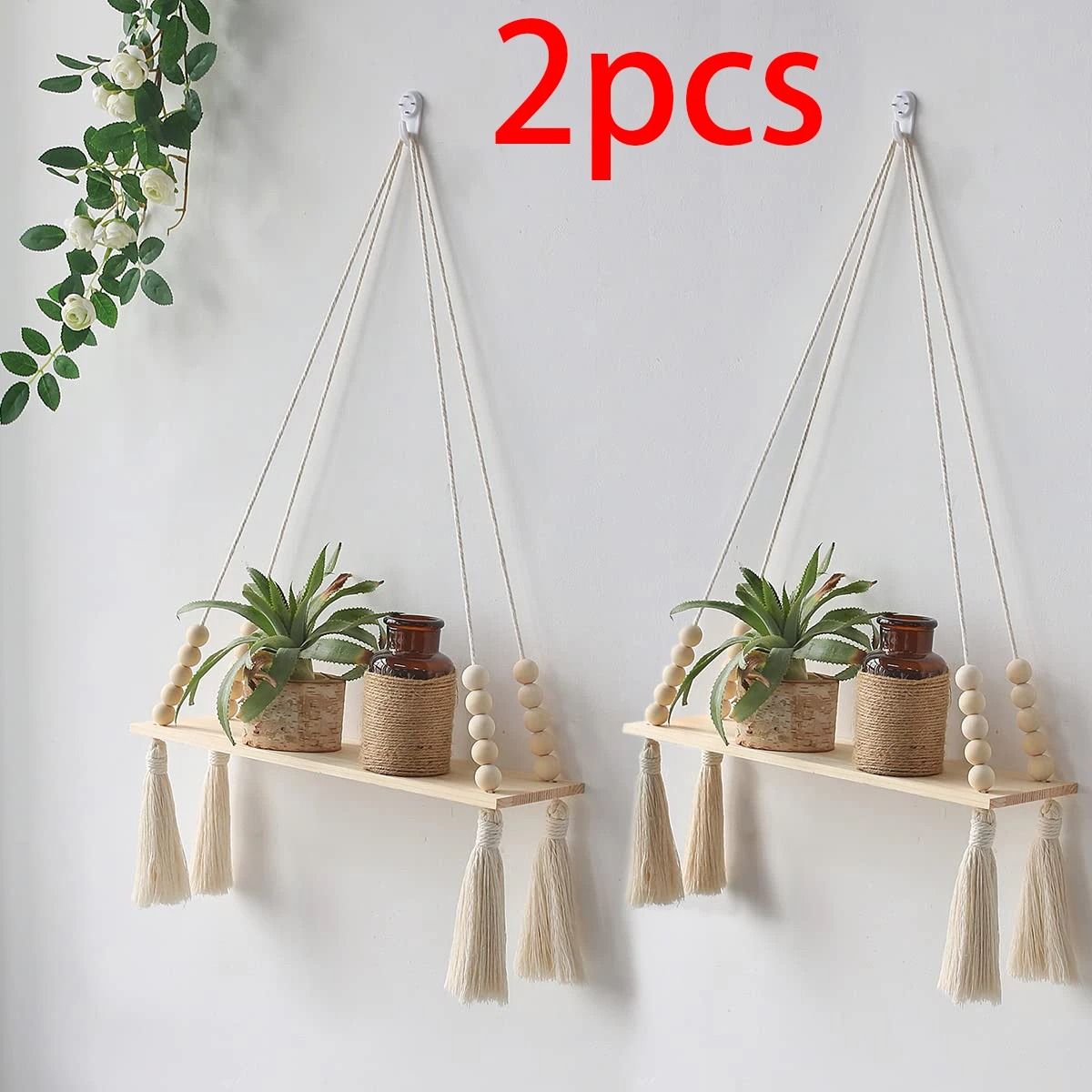 Boho Macrame Wall Hanging Floating Wood Shelf