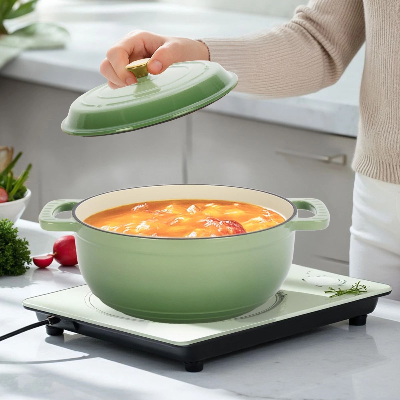 Enameled Cast Iron Dutch Oven, 6QT Multi-Purpose, Grill & Induction Compatible