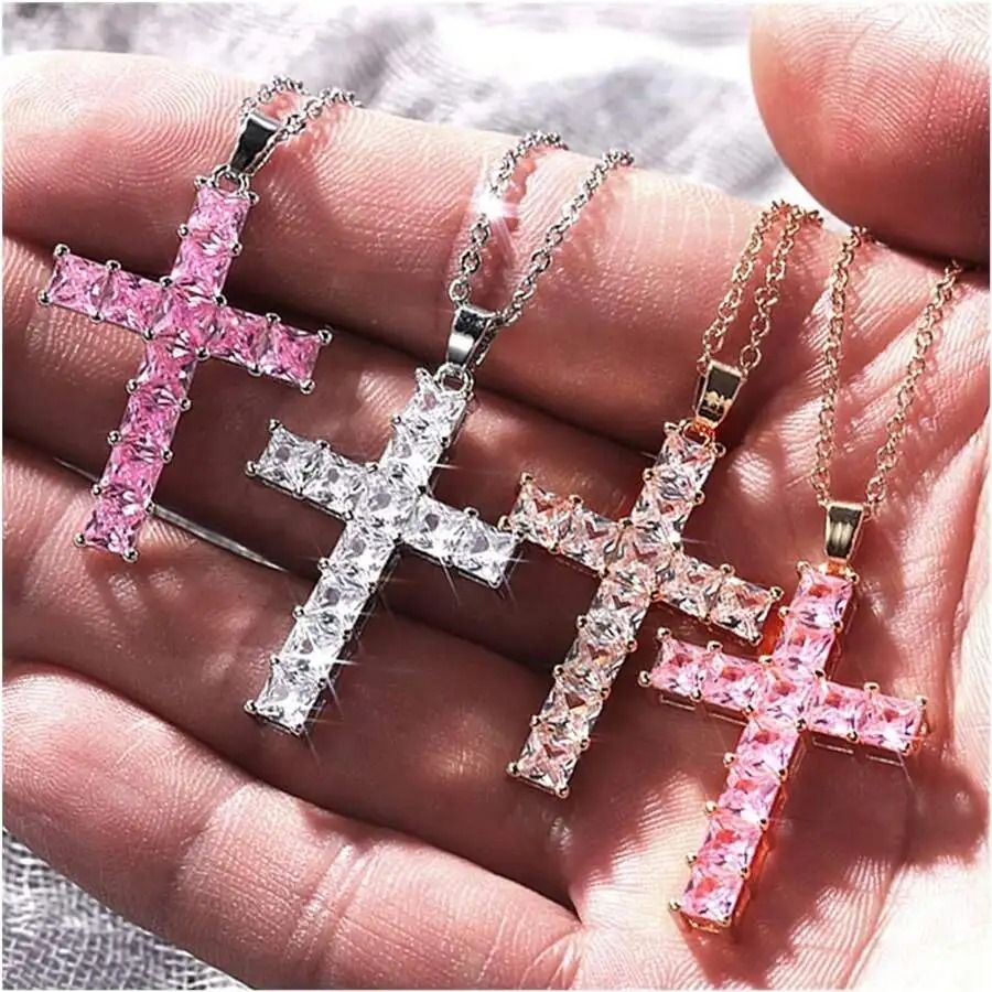 Multi Color Crystal Jesus Cross Pendant Necklace