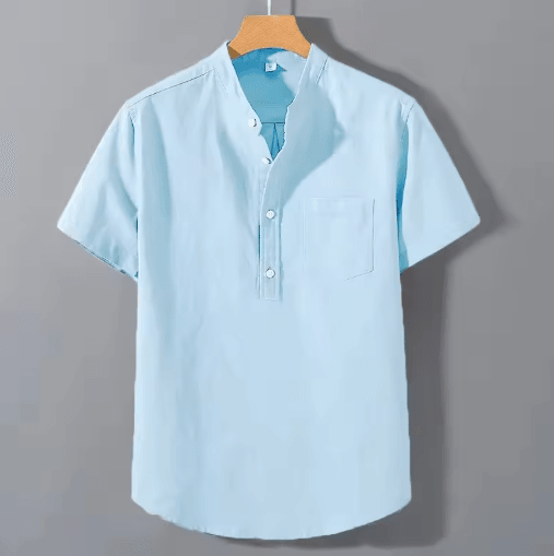 Mens Short Sleeve Stand Collar T Shirt Breathable Loose Cotton Summer Top with Pocket