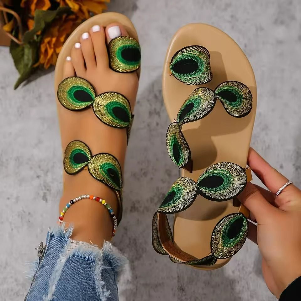 Embroidered Faux Flower Flat Sandals Women Summer Beach Travel Shoes