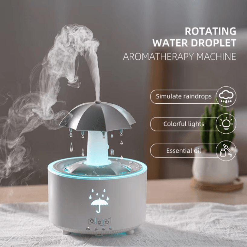 Rotating Umbrella Raindrop Humidifier – Ultrasonic Aroma Diffuser with Colorful Lights & Quiet Mist