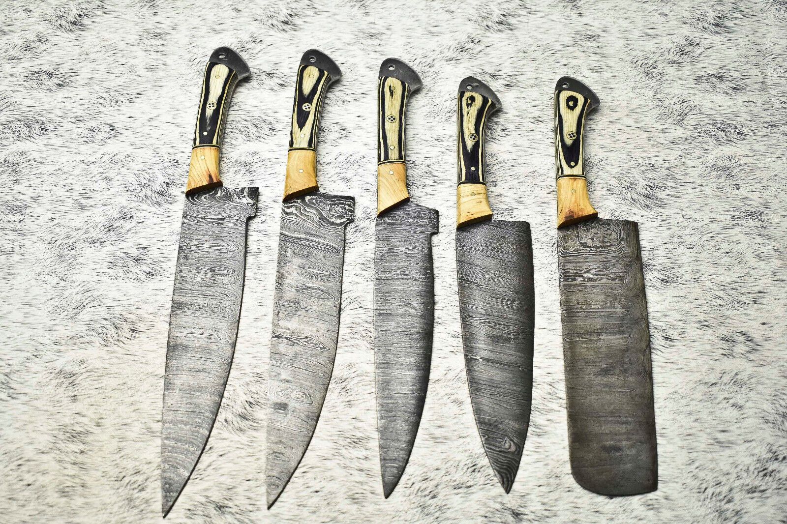 Custom Forged Damascus Chef Knives | 5-Piece Handmade Full Tang Set