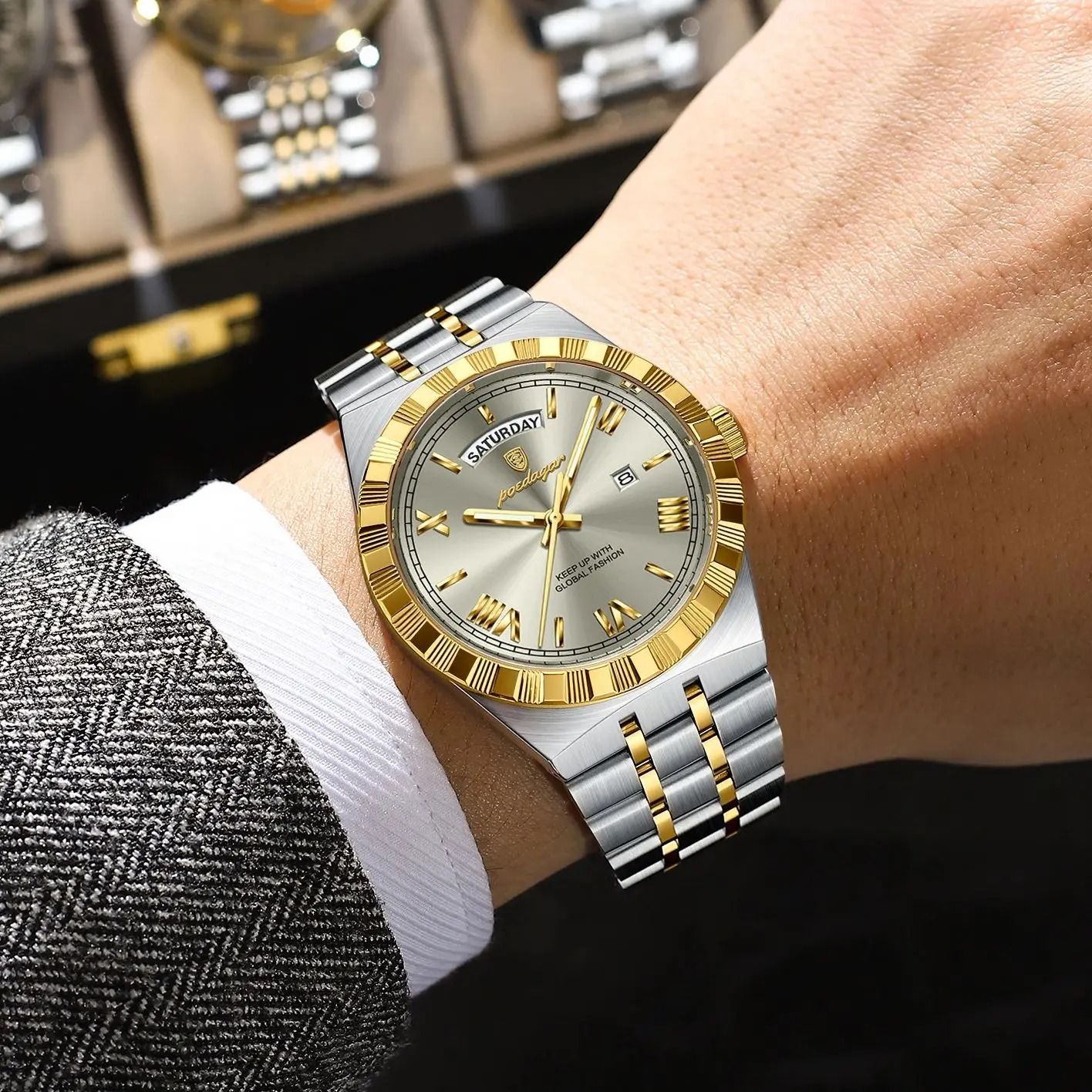 Poedagar Luxury Business Men Watch with Week and Date Display