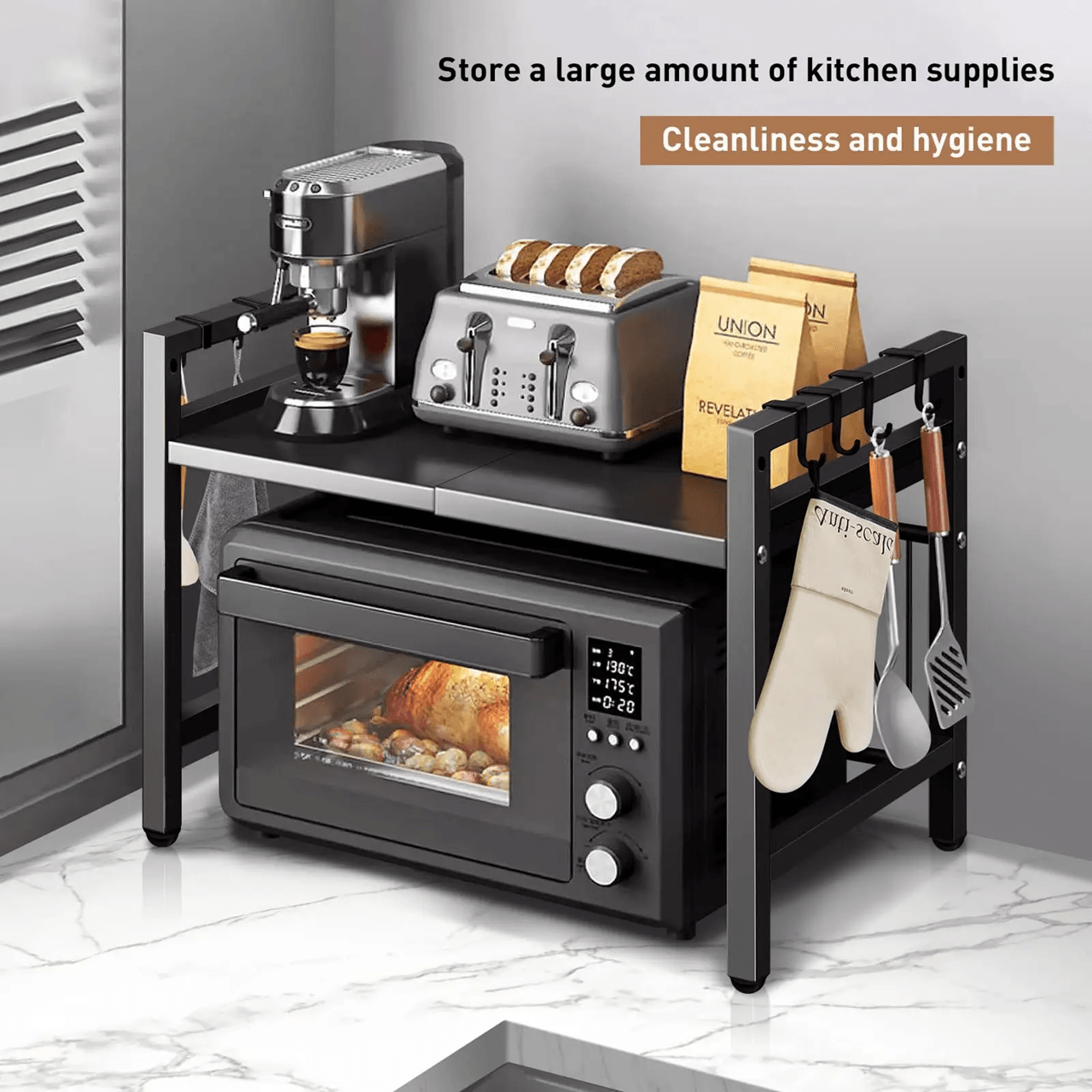 Expandable Microwave Shelf Organizer Adjustable Rust Proof Countertop Storage Rack