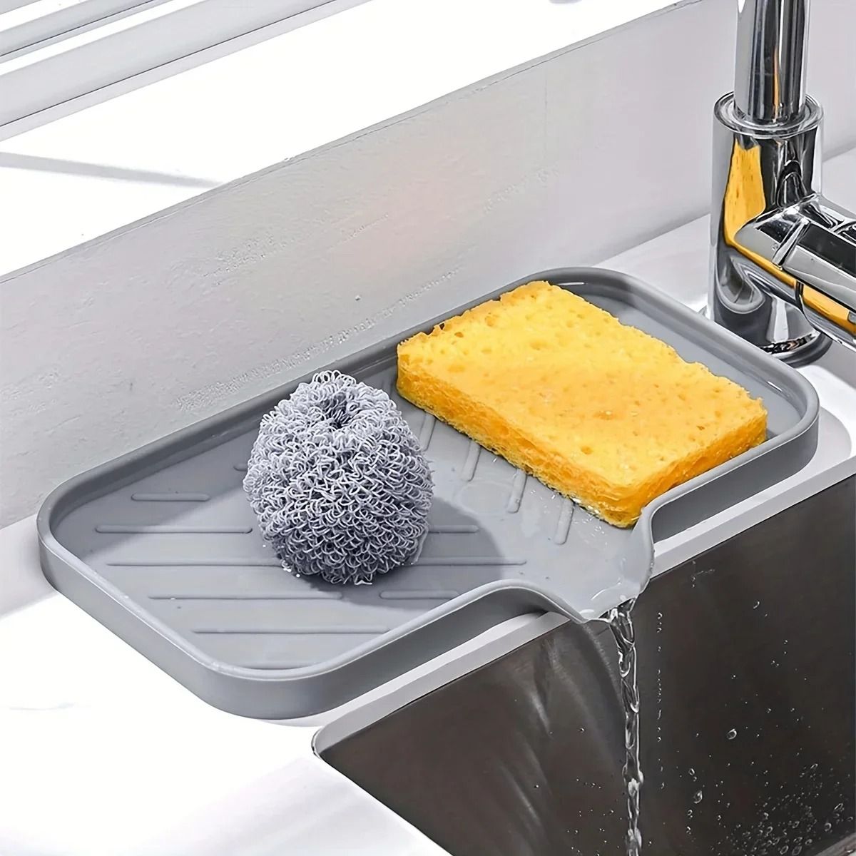 Silicone Sink Tray with Drain Non Slip Soap Sponge Organizer for Kitchen Bathroom