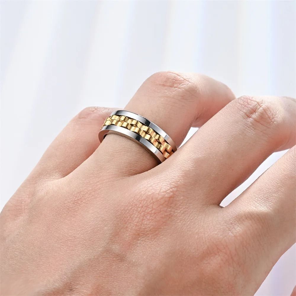 Stainless Steel Anxiety Ring Rotating Gear Chain Spinning Fidget Ring
