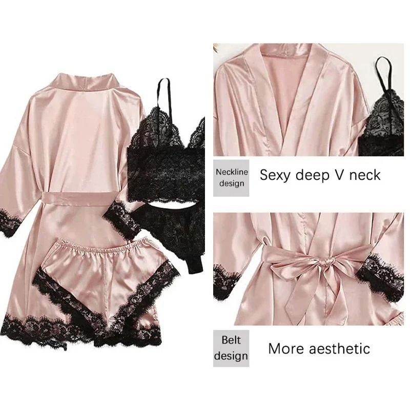 Womens Satin Sleepwear Four Piece Pajama Set with Robe Lace Nightwear