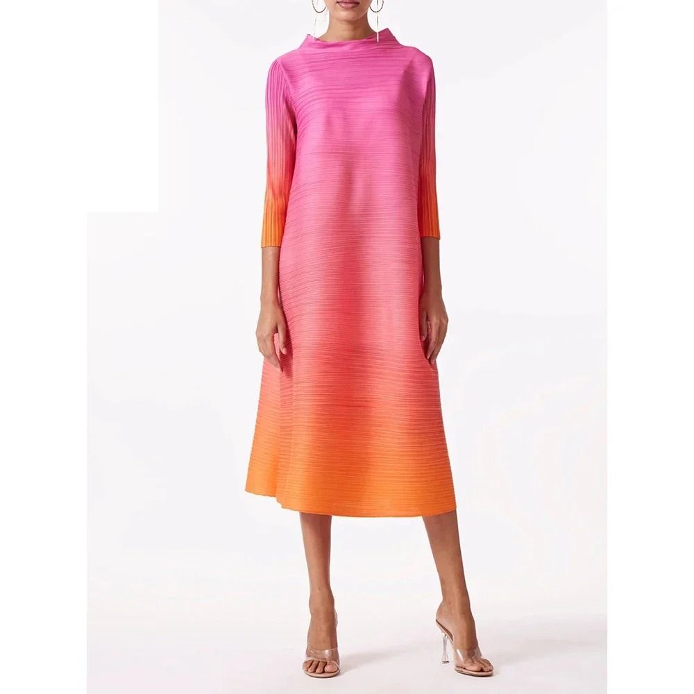 Gradient Pleated High Fashion Mid Calf Dress