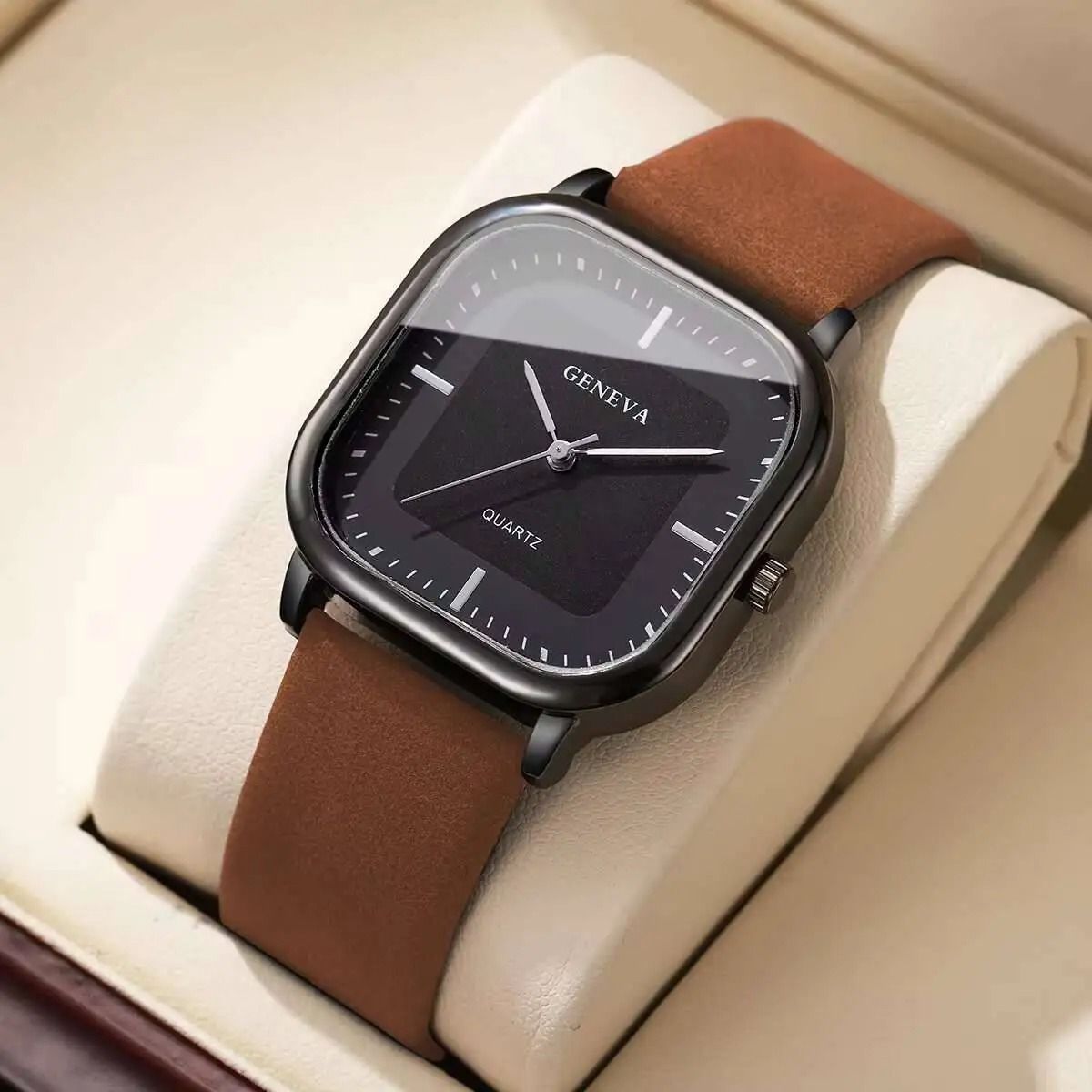 Men Square Minimalist Quartz Watch Leather Strap