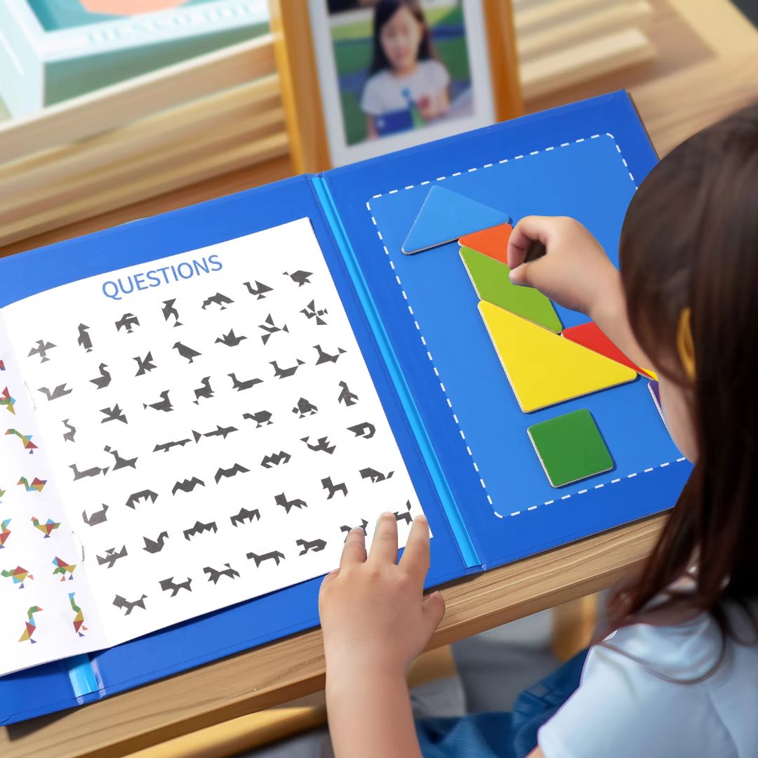 Magnetic tangram puzzle book Montessori Wooden Jigsaw. Geometric Shape Logic Game
