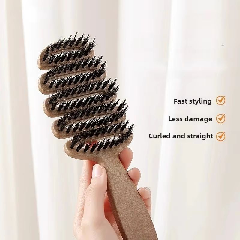Hollow Boar Bristle Hair Comb & Scalp-Massage Brush – Detangling & Styling Tool for Women with Curly, Wavy or Straight H