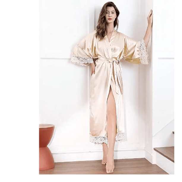 Silk Satin Lace Long Wedding Robe for Bride and Bridesmaid
