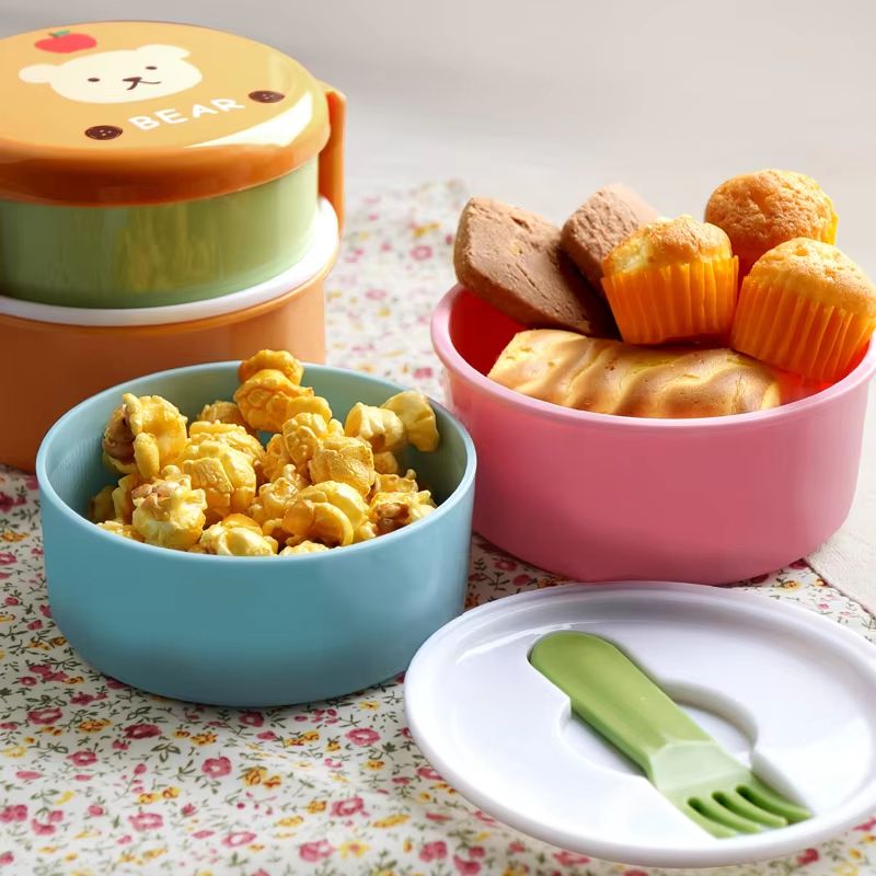 18.26 fl oz Cute Animal Double Layer Bento Lunch Box Round Kids Snack & Fruit Container