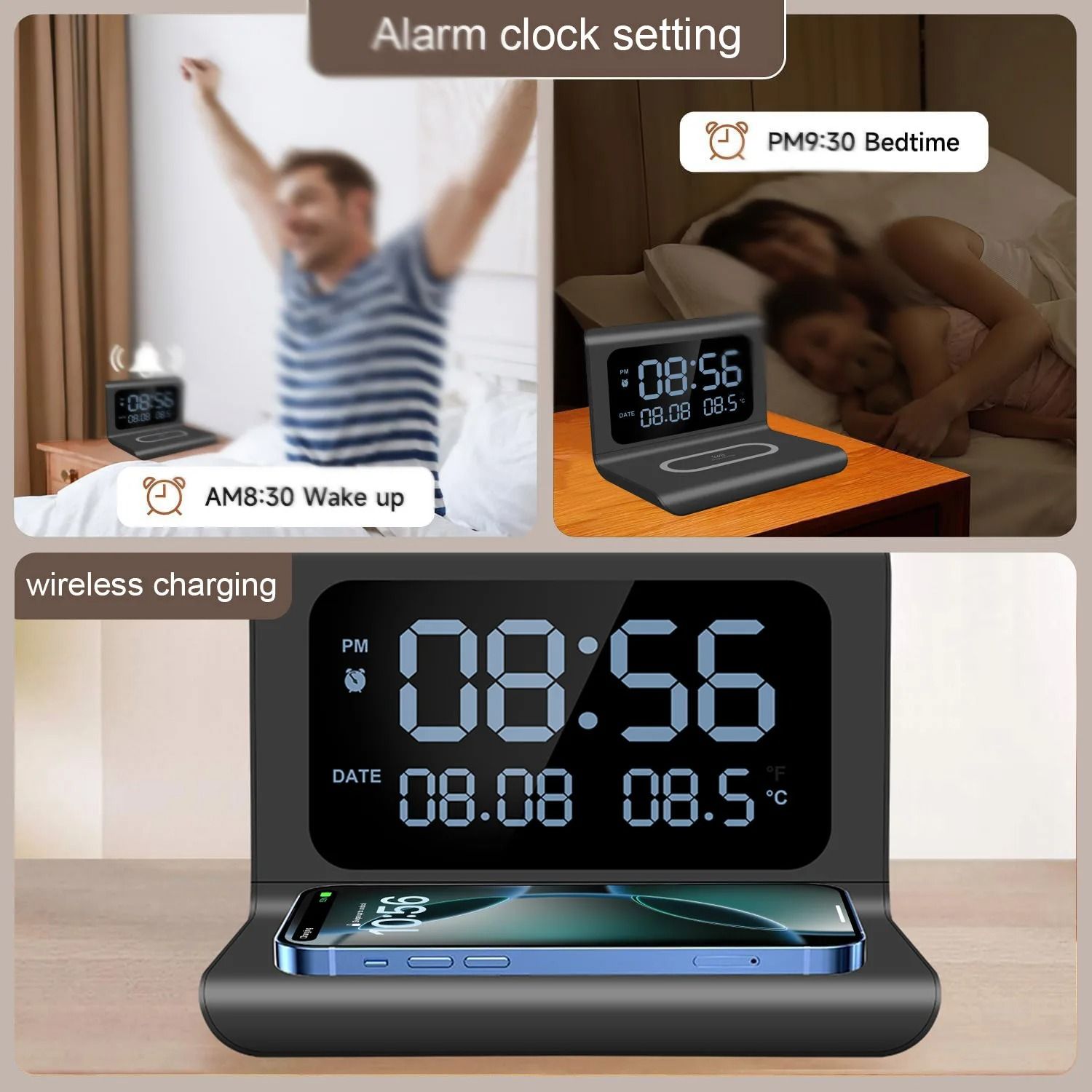 Wireless Charging Pad Stand with Alarm Clock and Thermometer