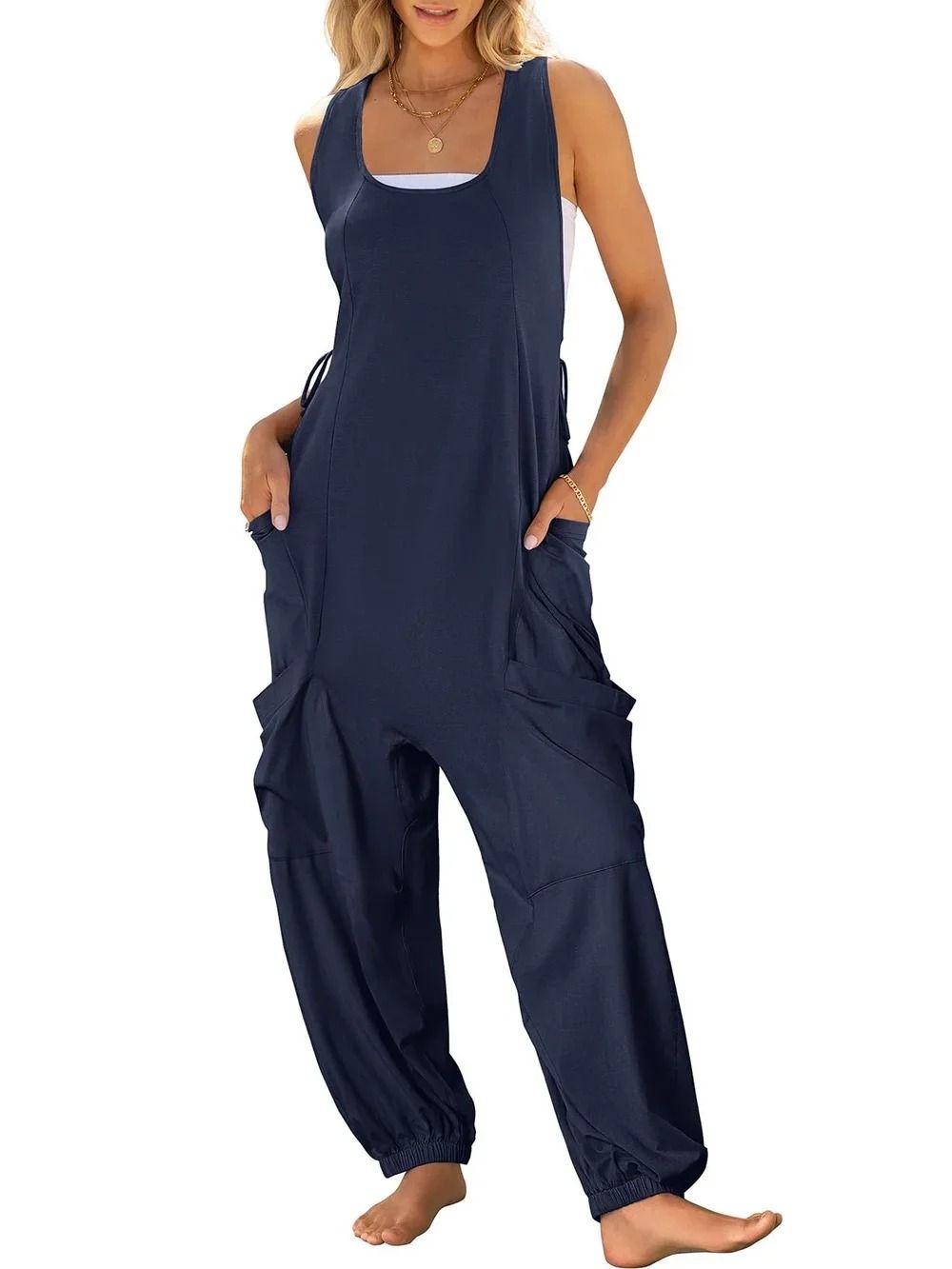 Casual Sleeveless Loose Harem Jumpsuit with Wide Leg Trousers