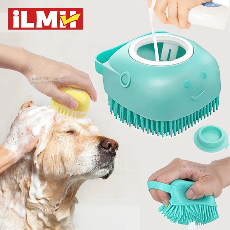 Silicone Dog Bathing Brush with Shampoo Dispenser – Soft Pet Massage Grooming Tool