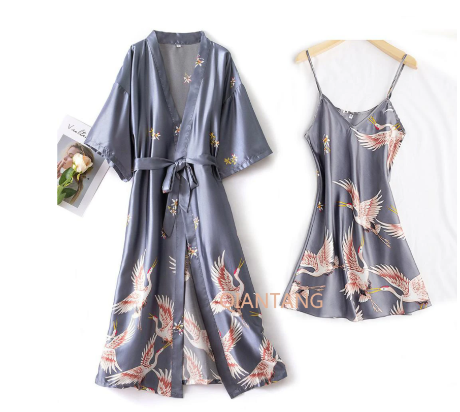 Sexy Nightwear Gown, Women Pyjama V Neck, Silky Sleepwear, Spring Lady Sleep Suit Robe, Homewear Negligee
