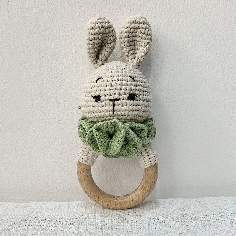 Long Ear Bunny Baby Rattler Safety Wooden Teether Mobile Crib Bell Teething Toy