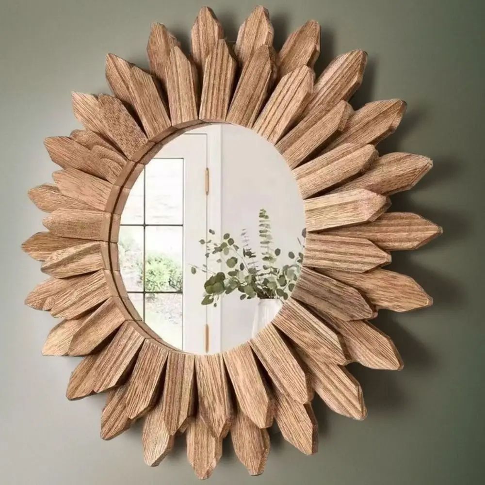 12-Inch Rustic Wood Wall Mirror – Farmhouse Sunburst Decorative Vanity Mirror