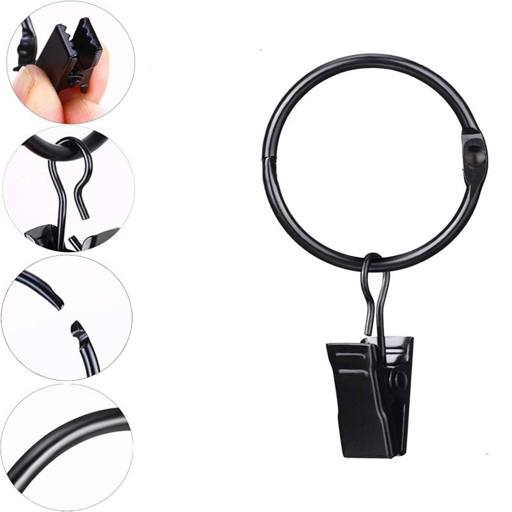 Black Curtain Hooks Hangers, Metal Curtain Rings with Clips, Drapery Clips