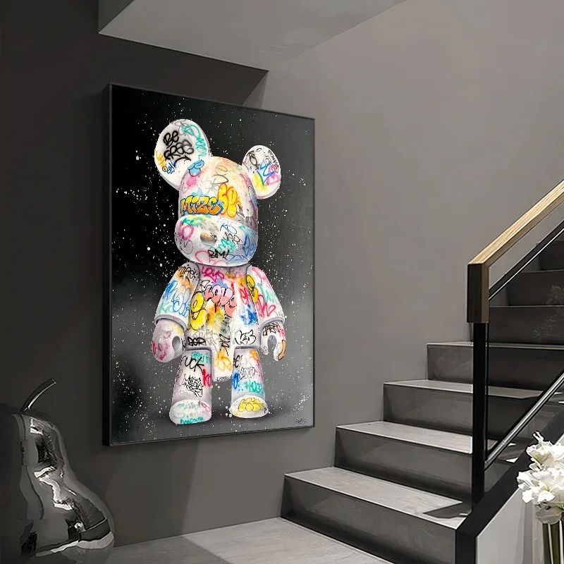 Cute Bear Graffiti Canvas Poster – Kawaii Cartoon Pop Art Wall Decor for Bedroom & Street Style Room