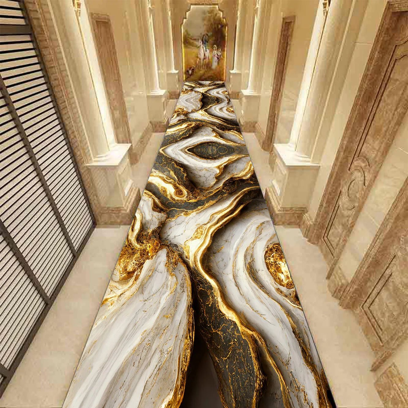 Golden Marble Runner Rug – Luxury Non-Slip Hallway & Stair Carpet