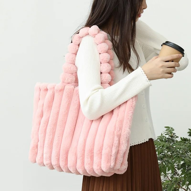 Luxurious Plush Tote Bag Striped Faux Fur Shoulder Handbag