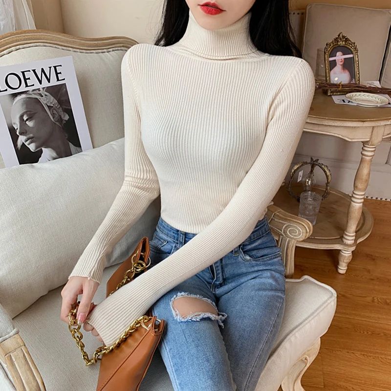 Autumn Winter Women's Ribbed Turtleneck Knit Sweater – Slim Fit Soft Warm Pullover