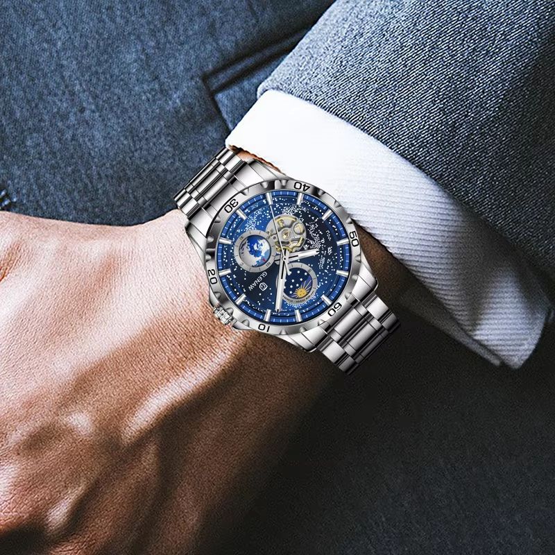 GLENAW Rotating Earth Automatic Mechanical Watch – Double Second Hand Men's Luxury Wristwatch with Starry Sky Dial and S