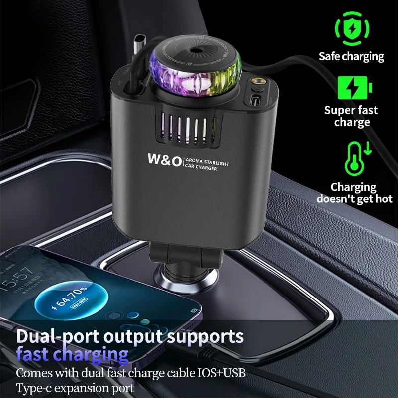 Retractable Car Charger 45W PD Fast Charger with USB-C, Starlight Roof Glow & Aromatherapy